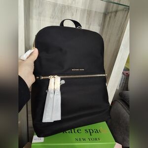 Michael Kors  Sleek Black Nylon Backpack with Gold Zippers 14"H * 12" W New